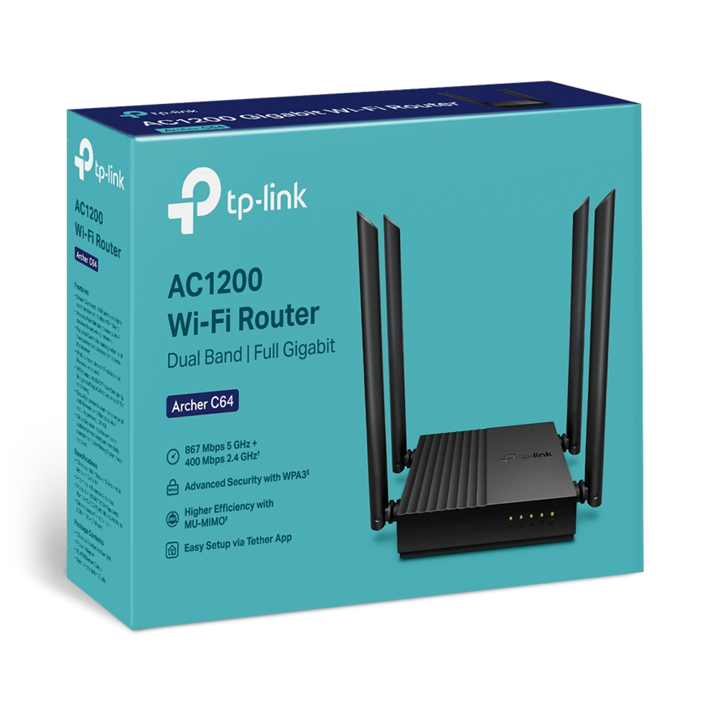 TP-LINK ARCHER C64, AC1200, 4Port, 1200Mbps, Dual Band WiFi, Masaüstü, Gigabit, Router, Access Point TP-LINK ARCHER C64, AC1200, 4Port, 1200Mbps, Dual Band WiFi, Masaüstü, Gigabit, Router, Access Point