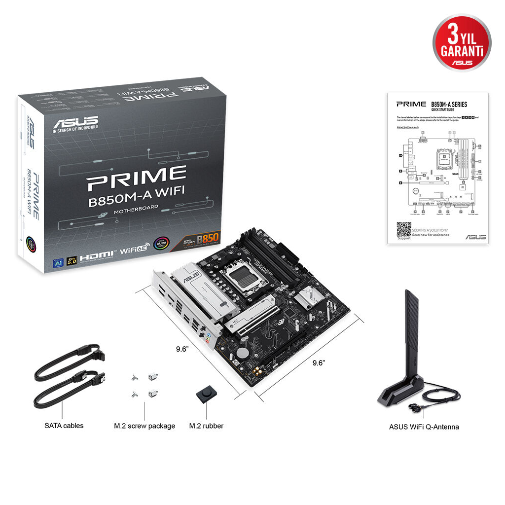 ASUS PRIME B850M-A WIFI, 4xDDR5, 3xM.2, 2xDP, HDMI, Type-C, Wi-Fi 6, Bluetooth 5.3, AM5 Soket Anakart ASUS PRIME B850M-A WIFI, 4xDDR5, 3xM.2, 2xDP, HDMI, Type-C, Wi-Fi 6, Bluetooth 5.3, AM5 Soket Anakart