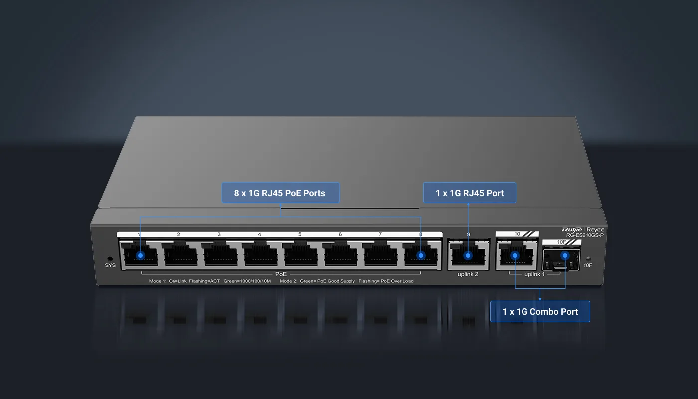 RUIJIE 8port PoE 120w 1-SFP Gigabit Yönetilebilir Switch RG-ES210GS-P görsel 9