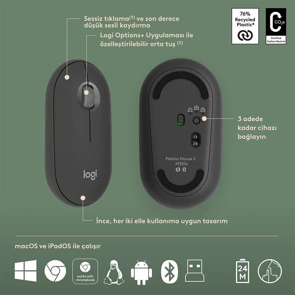 LOGITECH Pebble 2 Bluetooth Grafit Klavye - Mouse Set (920-012245) görsel 13
