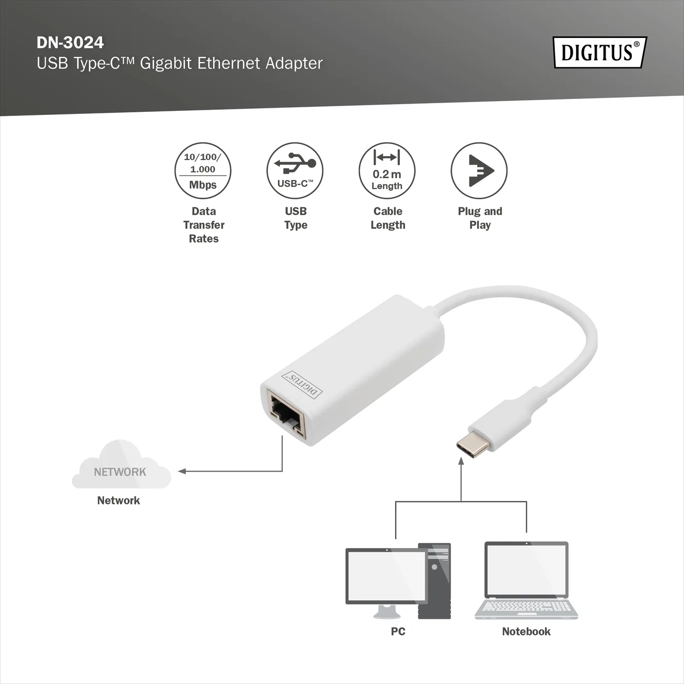 DIGITUS USB-C Gigabit Harici Ethernet (DN-3024) görsel 6