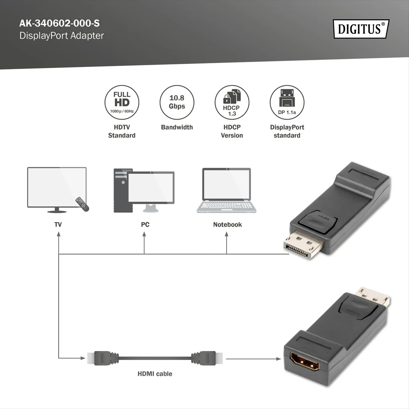 DIGITUS DP-HDMI Görüntü Adaptörü (AK-340602-000.S) görsel 5
