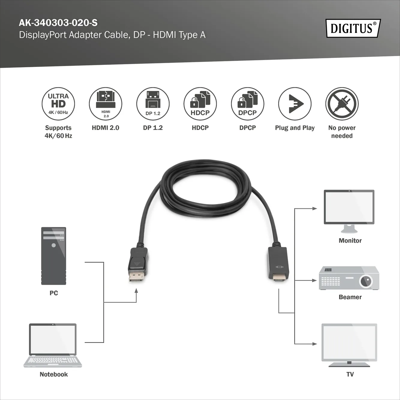 DIGITUS DP-HDMI Görüntü Kablosu 2m (AK.340303.020.S) görsel 6