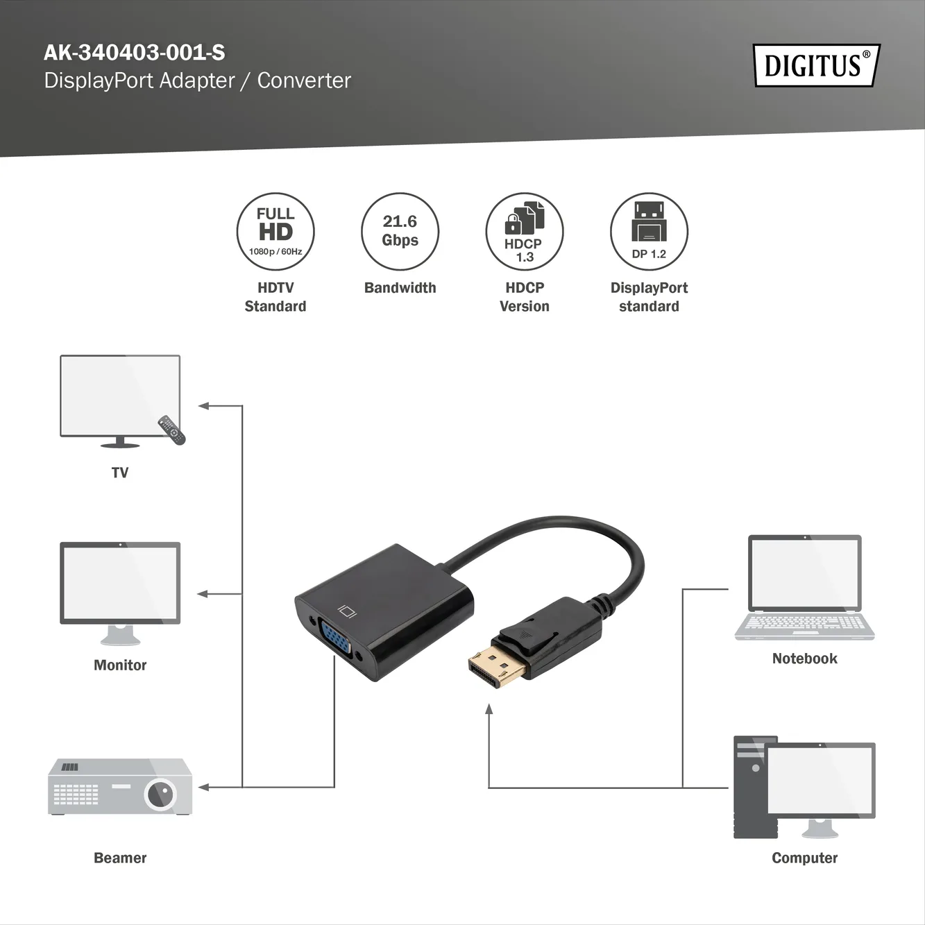 DIGITUS DP-VGA Görüntü Adaptörü 0,15m (AK-340403-001-S) görsel 7