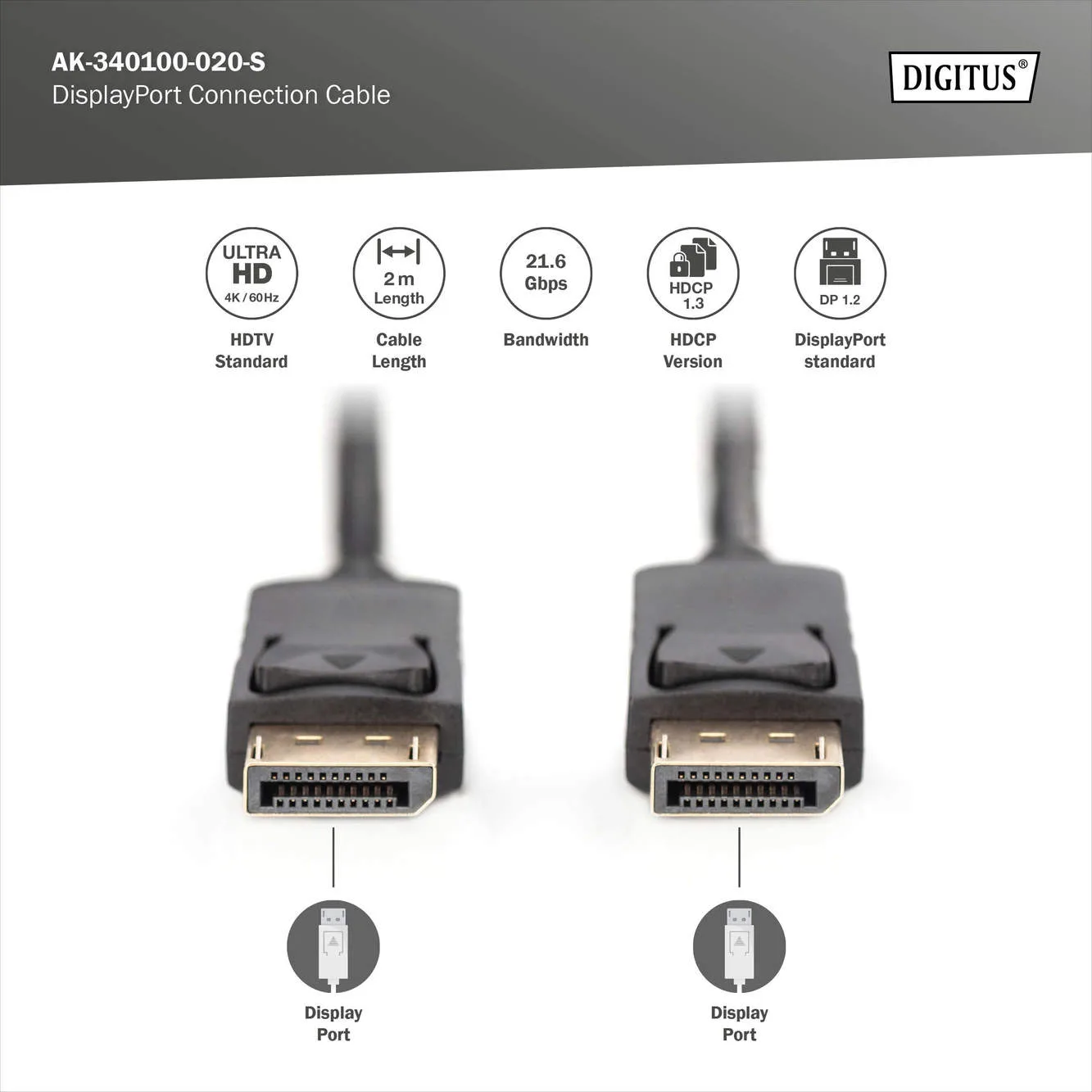 DIGITUS DP Görüntü Kablosu 2m (AK-340100-020-S) görsel 6