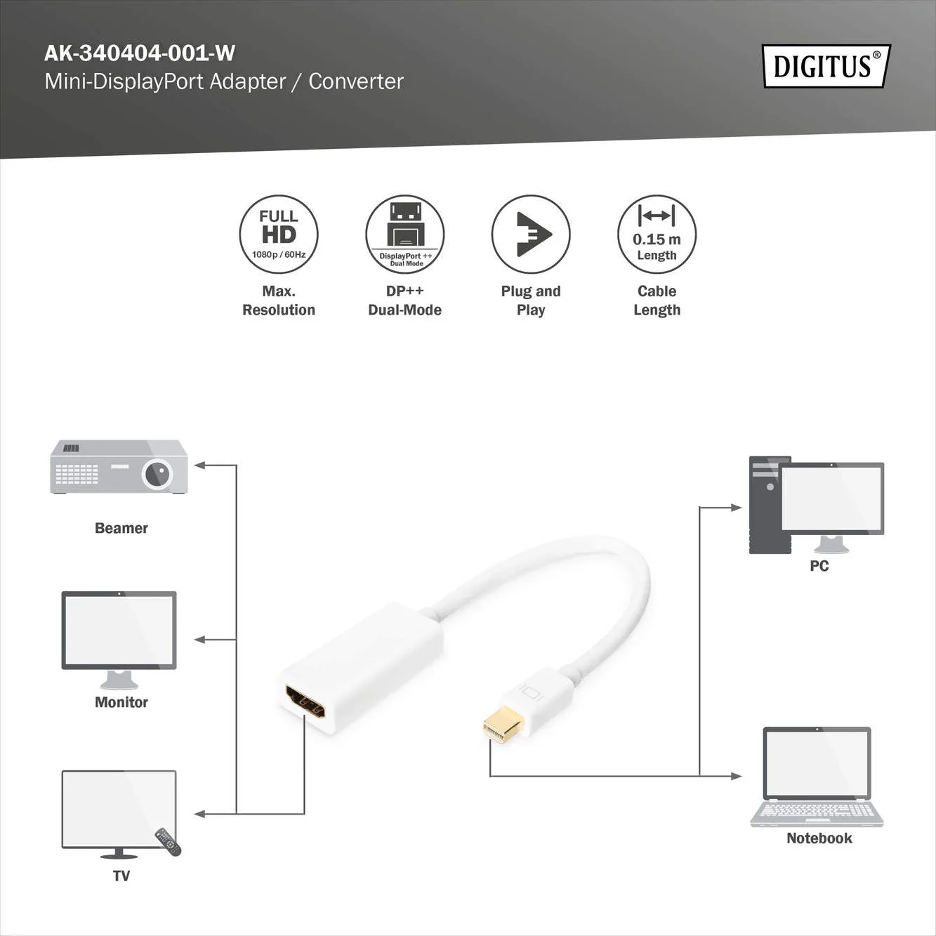 DIGITUS mDP-HDMI Görüntü Adaptörü 0,15m (AK-340404-001-W) görsel 5