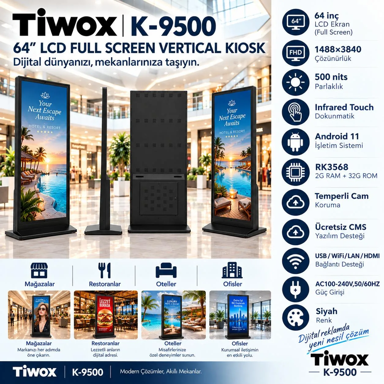 TIWOX 64" K-9500 2GB-32GB Android 11 4K LCD Kiosk görsel 5