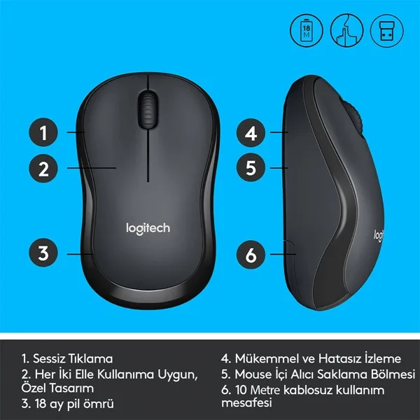 LOGITECH M220 Kablosuz Sessiz Gri/Siyah Mouse (910-004878) görsel 5