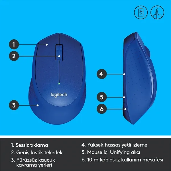 LOGITECH M330 Kablosuz Sessiz Mavi Mouse (910-004910) görsel 6