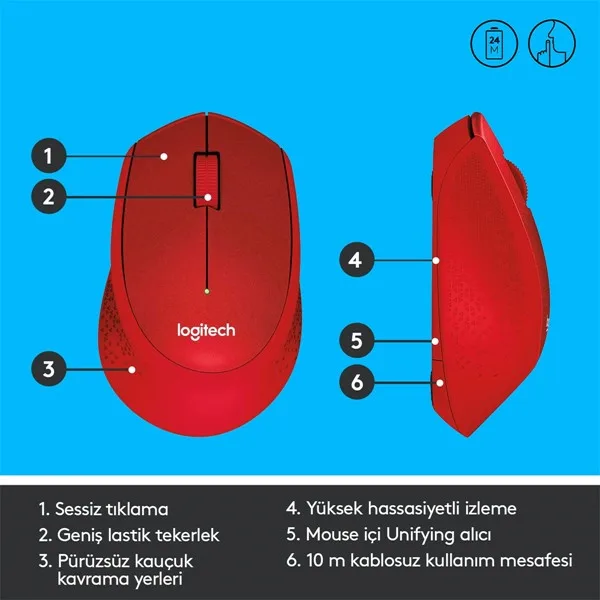LOGITECH M330 Kablosuz Sessiz Kırmızı Mouse (910-004911) görsel 6