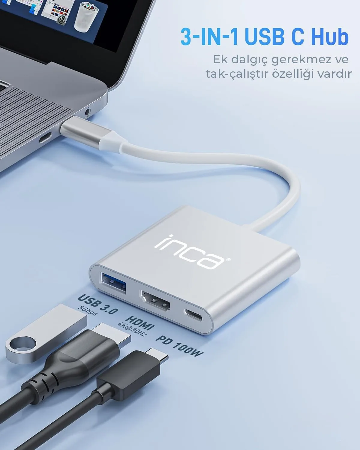 INCA ITPC-04T 0.15metre TYPE-C - HDMI Görüntü Adaptörü Gümüş 100W görsel 7