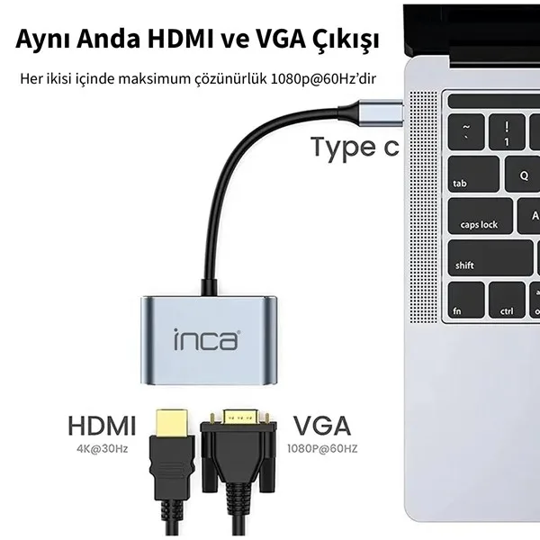 INCA ITPC-06T 0.15metre TYPE-C - HDMI_VGA(D) Görüntü Adaptörü Gümüş 100W görsel 5