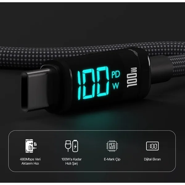 BIX 1metre BX09CC-BK 100w Dijital Ekranlı Şarj Kablosu Siyah görsel 5