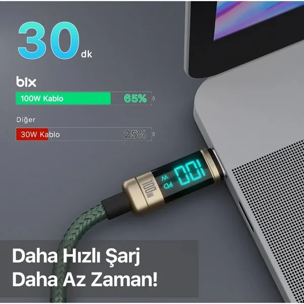 BIX 1metre BX09CC-BN 100w Dijital Ekranlı Şarj Kablosu Bronz görsel 6
