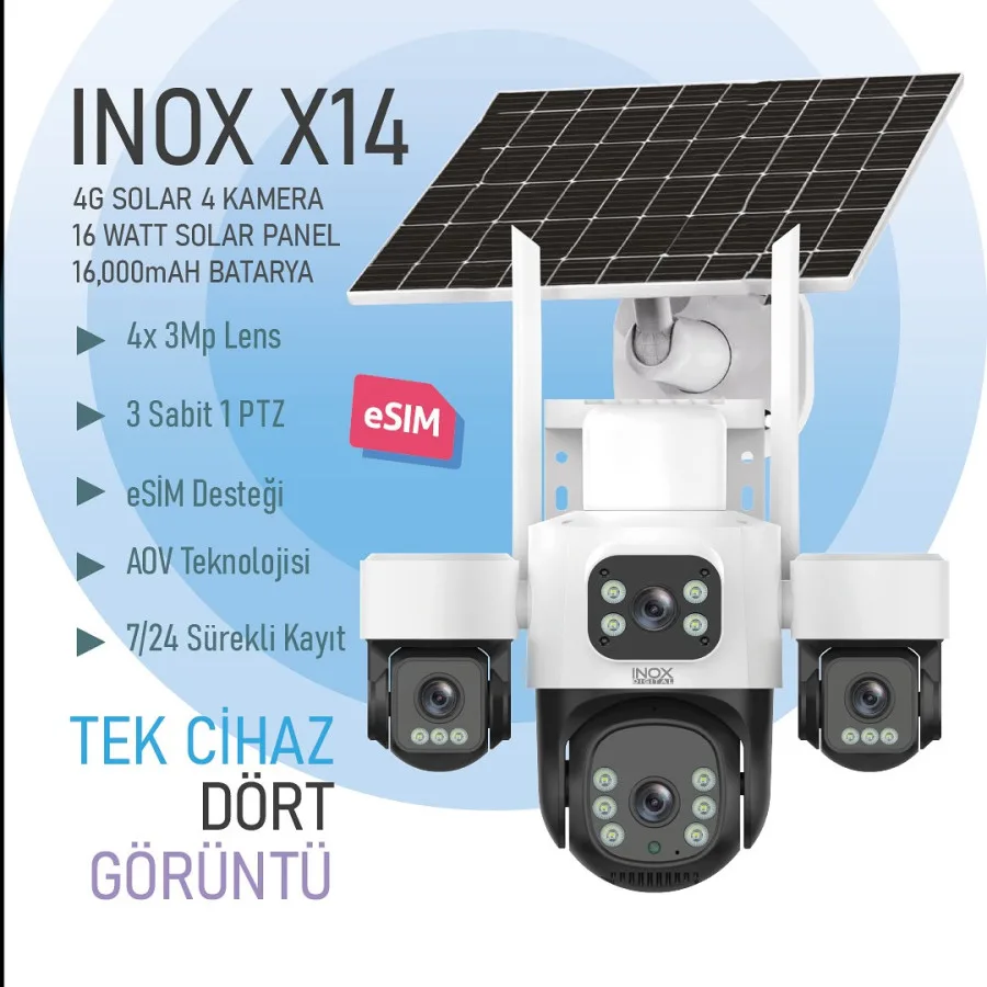 INOX 3MP 4Lens PT Speed Dome 3.6mm Wıfı Kablosuz IP Solar Kamera E-Sim X14