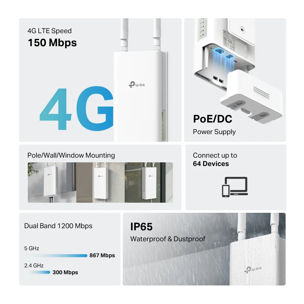 TP-LINK ARCHER MR402 OUTDOOR 4G LTE AC1200 Çift Bant Harici Access Point görsel 7