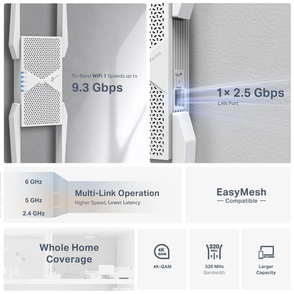 TP-LINK RE655BE WIFI7 BE9300 Üç Bant Menzil Genişletici Priz Tip görsel 6